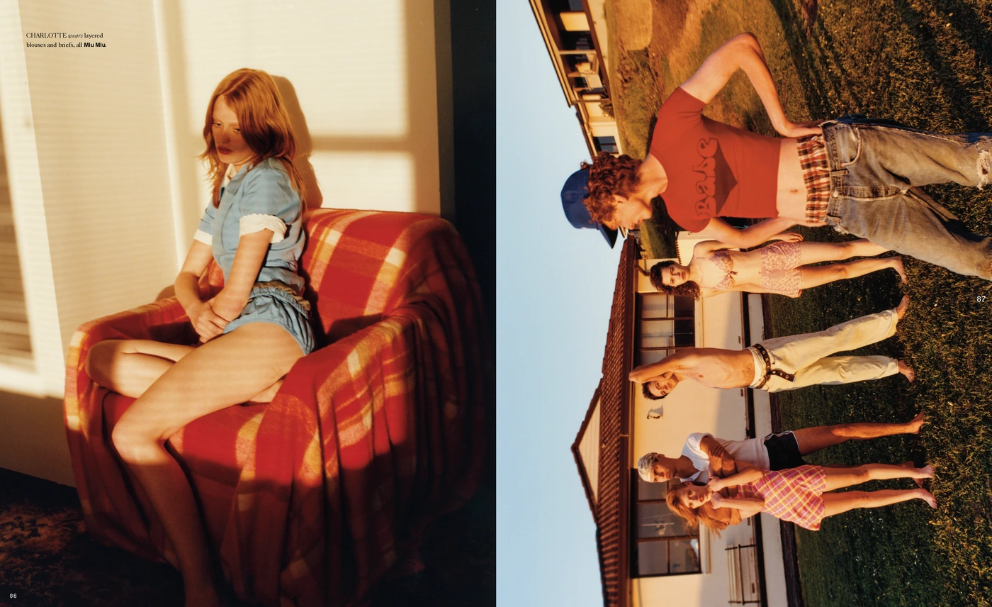 Editorial spread with two vertical panels showing a seated woman on a red armchair and a line of models outdoors.