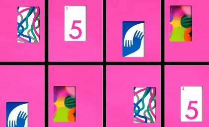 Vibrant pink grid composition featuring cut-out windows revealing colourful abstract patterns, numbered cards, and graphic illustrations.
