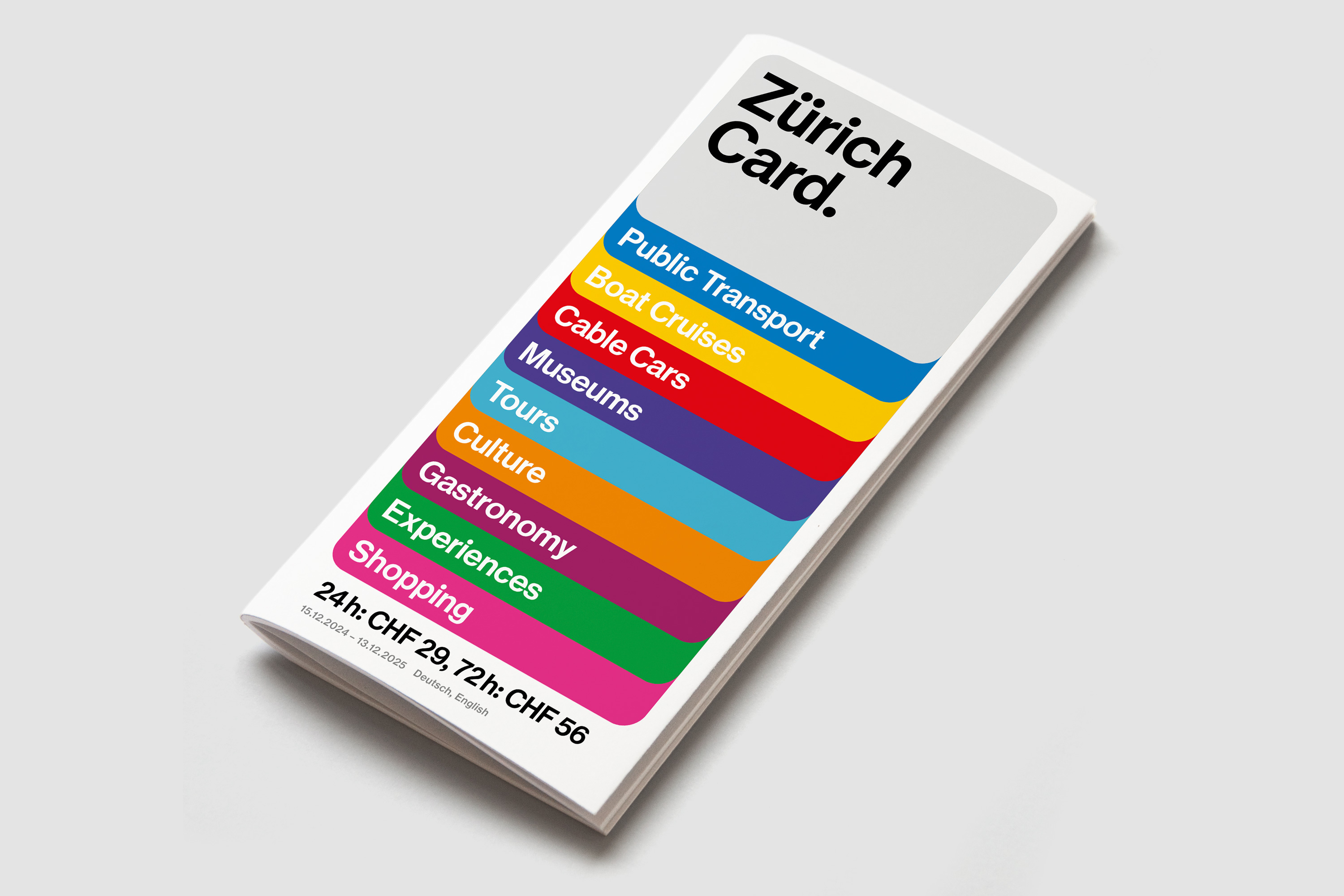 Zurich Card featuring colorful stripes and text, promoting public transport, boat cruises, museums, tours, gastronomy, experiences, and shopping.
