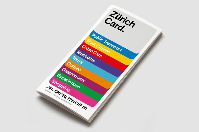 Zurich Card featuring colorful stripes and text, promoting public transport, boat cruises, museums, tours, gastronomy, experiences, and shopping.