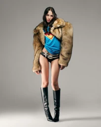 Model Yasmin Wijnaldum wearing a furry brown coat and blue t-shirt against a plain grey studio backdrop
