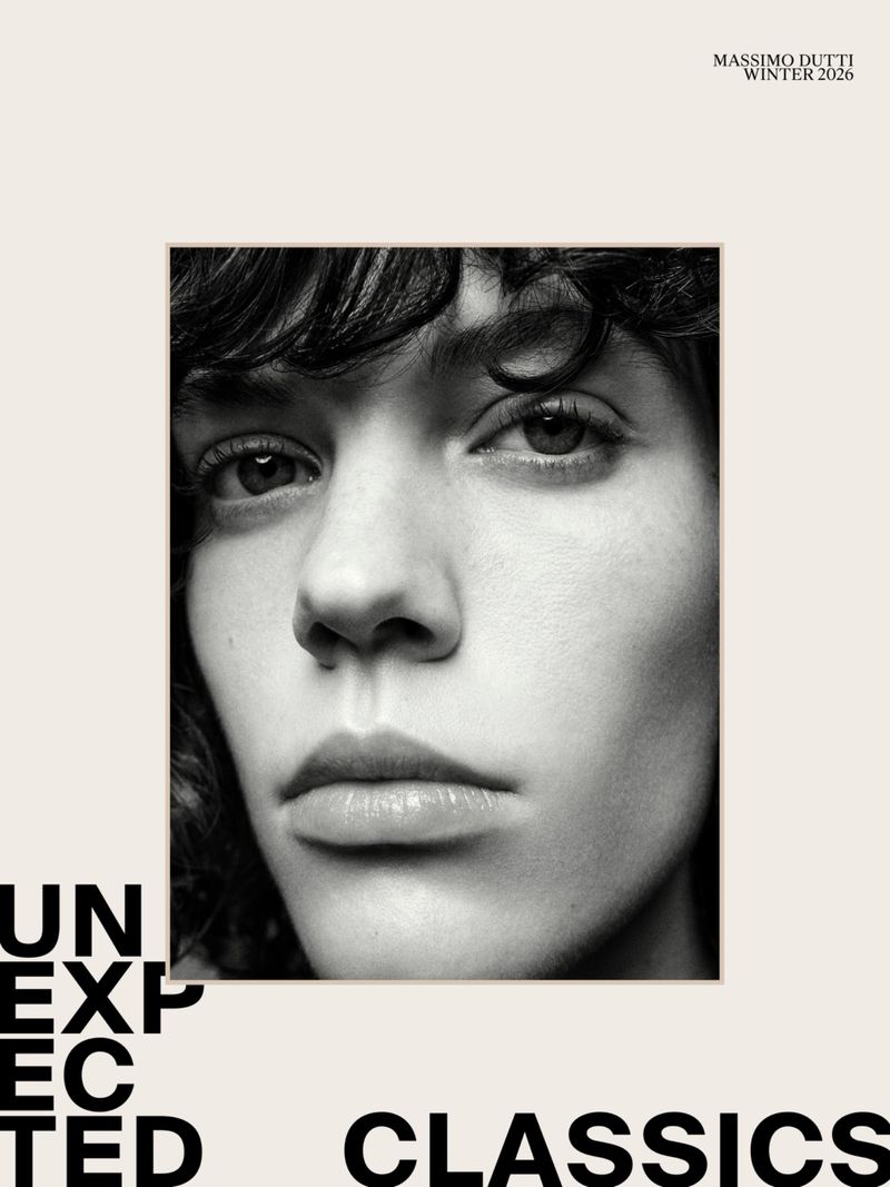 Black and white portrait of a young adult with wavy dark hair in a square frame, against a tan backdrop with text and a brand logo.