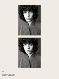 Black and white portrait of a woman with curly hair wearing a textured jacket in a vertical layout for Massimo Dutti