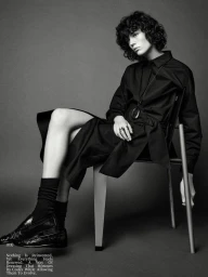 Model seated on a metal chair wearing a dark shirt dress, black socks, and loafers against a grey studio backdrop.