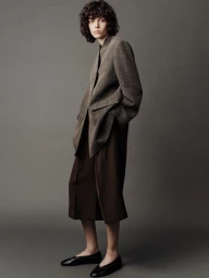 Model with dark curly hair wearing a structured brown jacket and dark trousers against a neutral grey studio background.