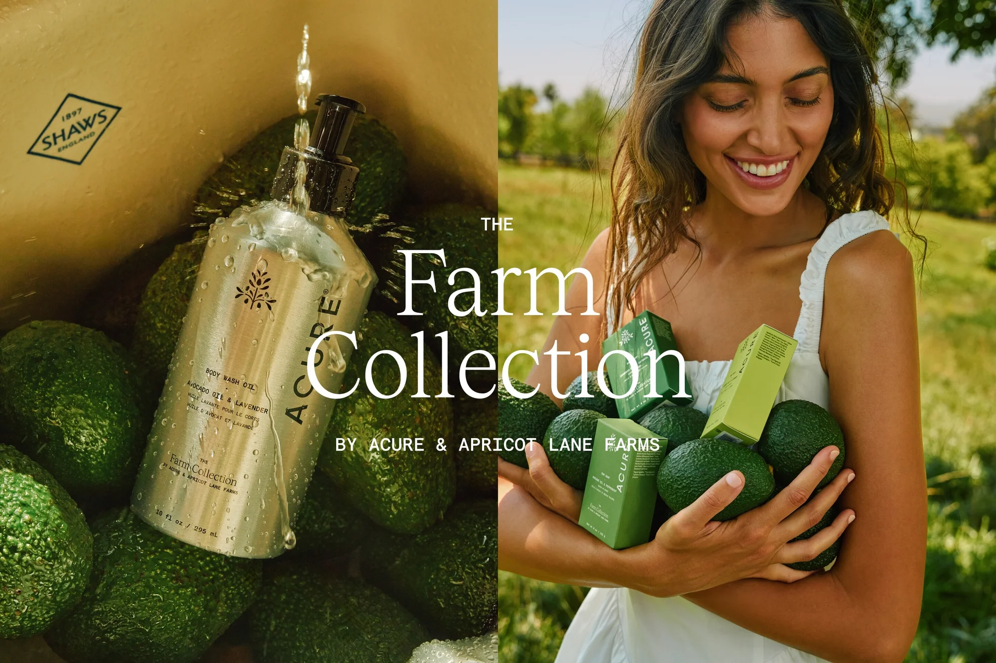 Split-screen promotional shot showcases Acure Farm Collection products: a bottle with water droplets alongside a woman with avocados and skincare.