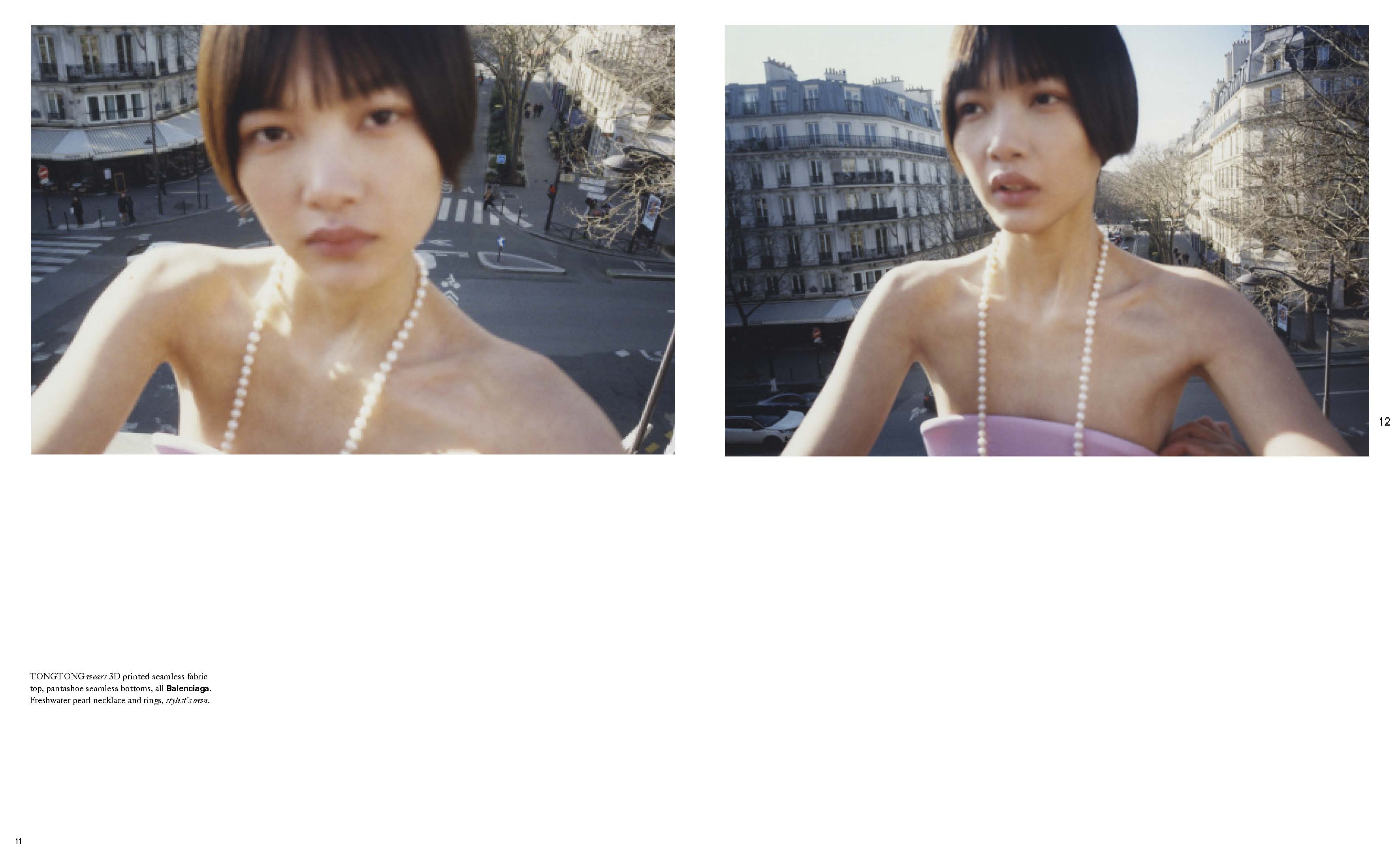 Asian woman poses in fashion shot with short bob, pearl necklace, and strapless top; buildings and city street visible in background.
