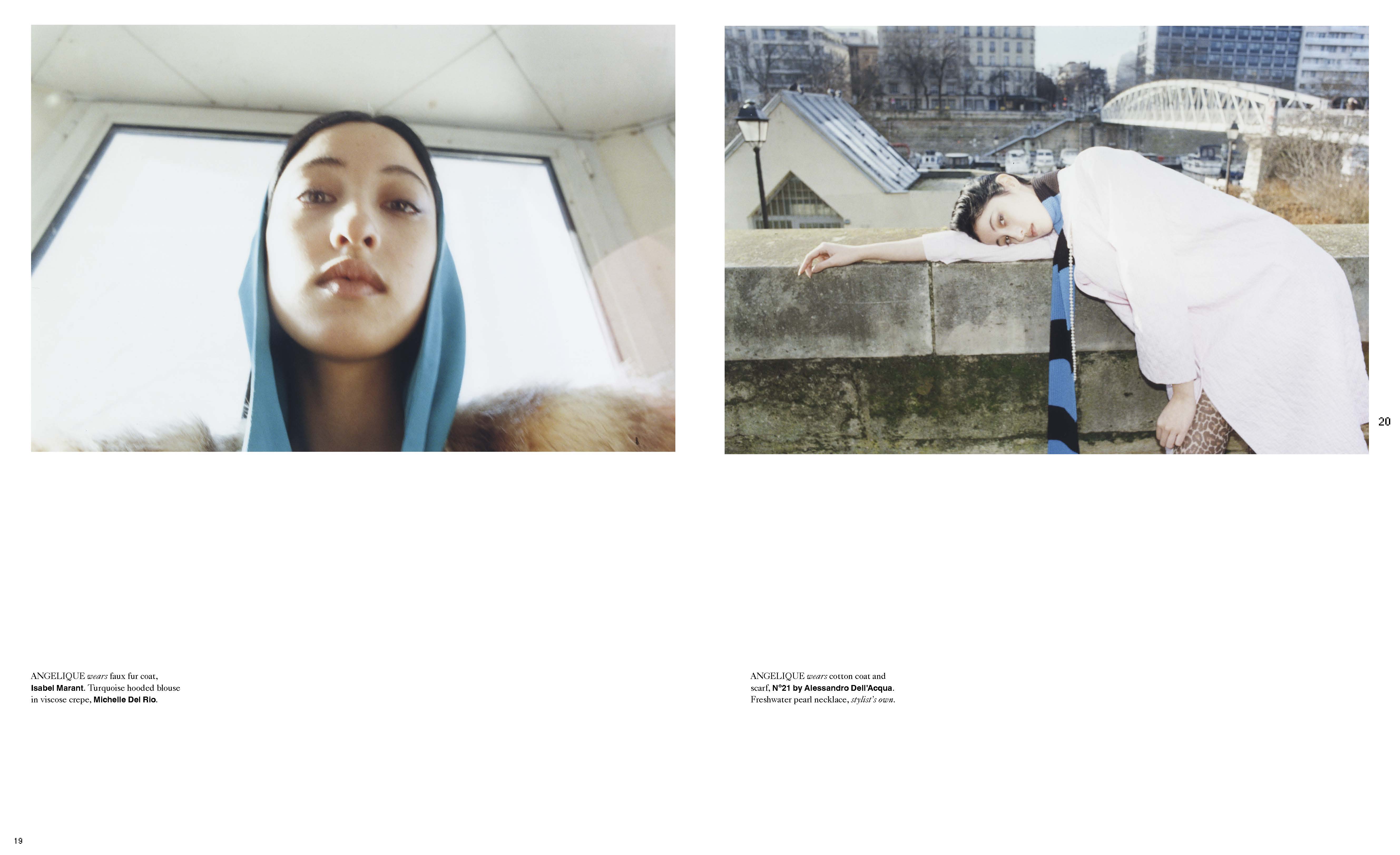 Two fashion editorial photographs, one a close-up of a woman in a blue scarf, and the other an outdoor shot of a woman leaning on a bridge.