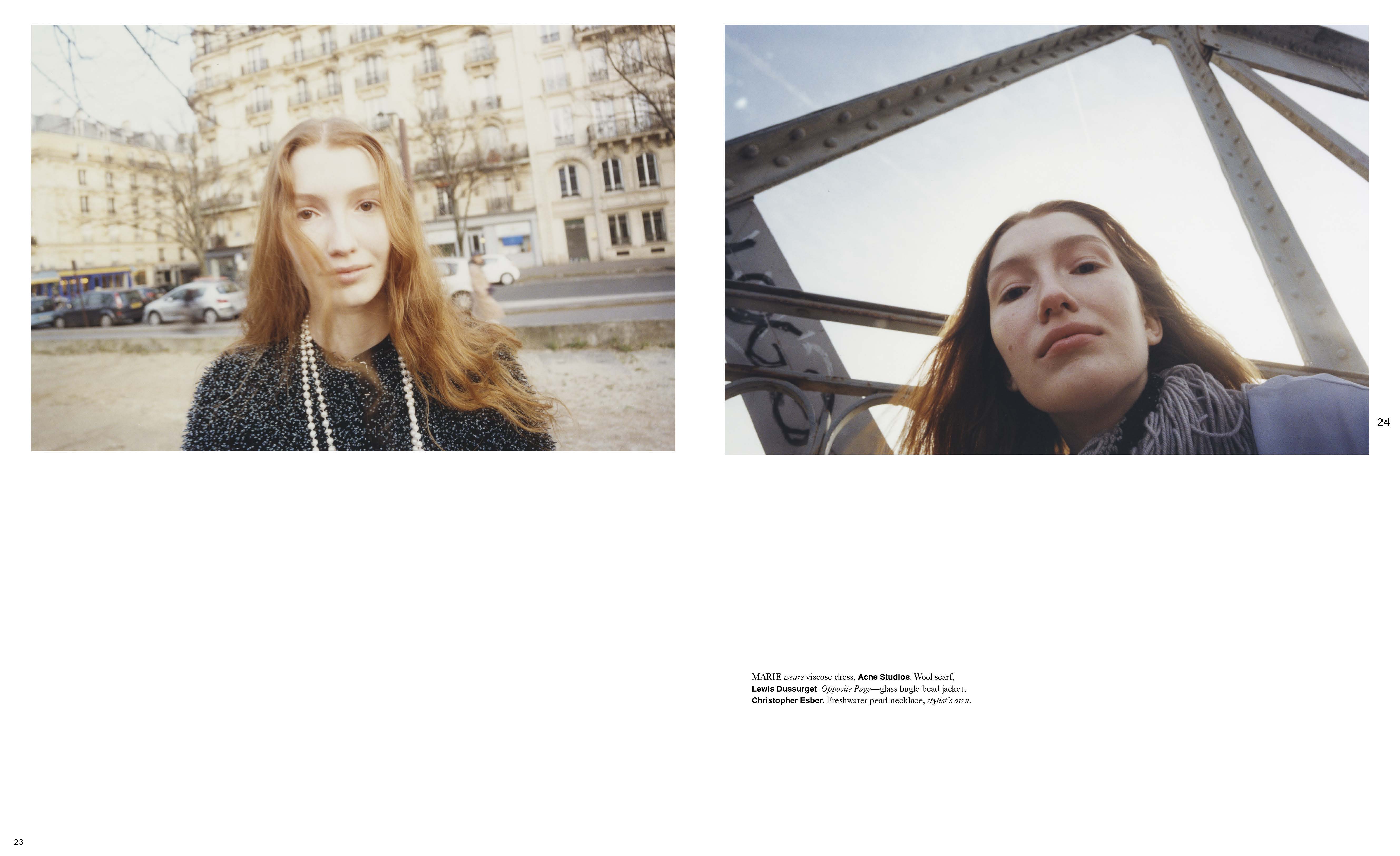 Close-up split image of a red-haired woman in an editorial fashion layout, featuring an outdoor urban setting and a bridge backdrop, with a shallow depth of field.