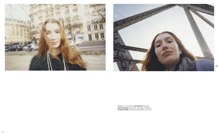 Close-up split image of a red-haired woman in an editorial fashion layout, featuring an outdoor urban setting and a bridge backdrop, with a shallow depth of field.