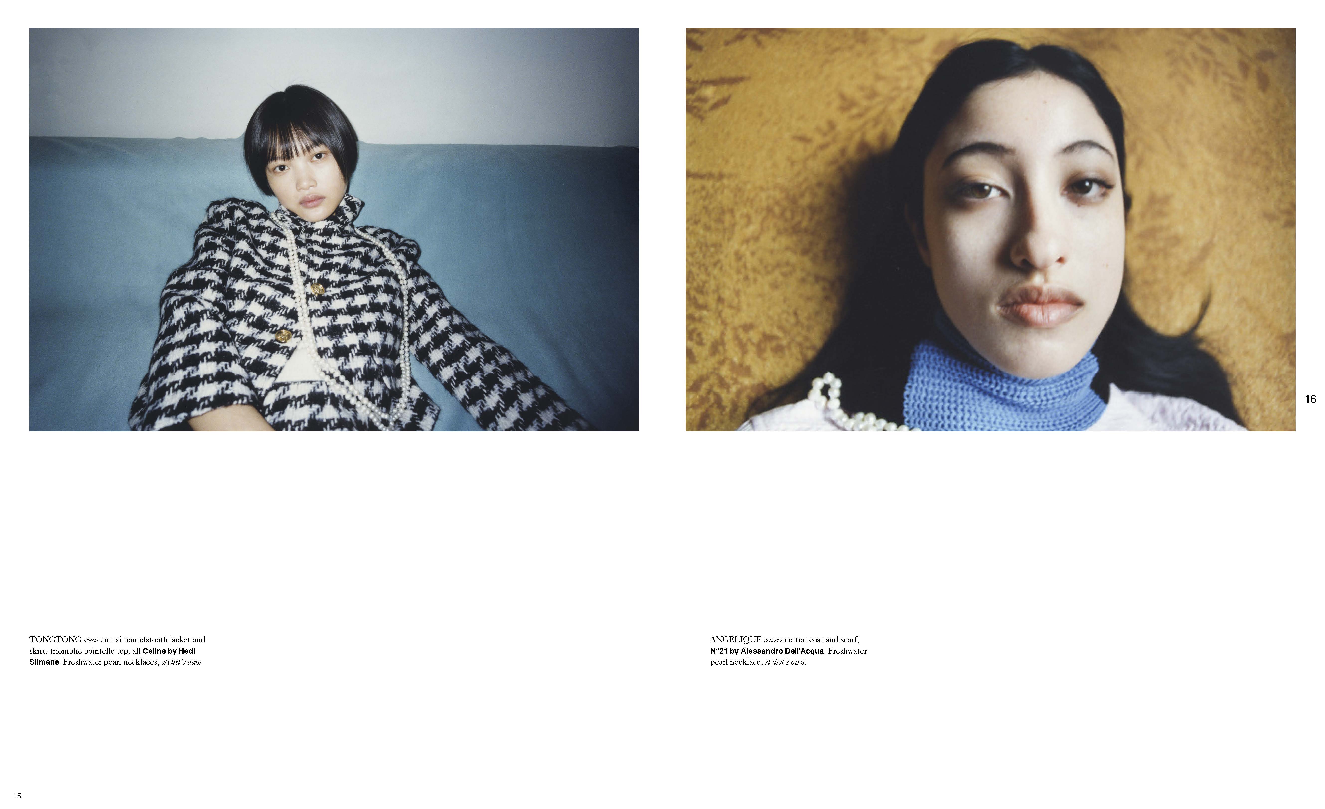Two fashion portraits feature Asian women. One poses in a houndstooth jacket and skirt, the other in a close-up with a blue scarf.