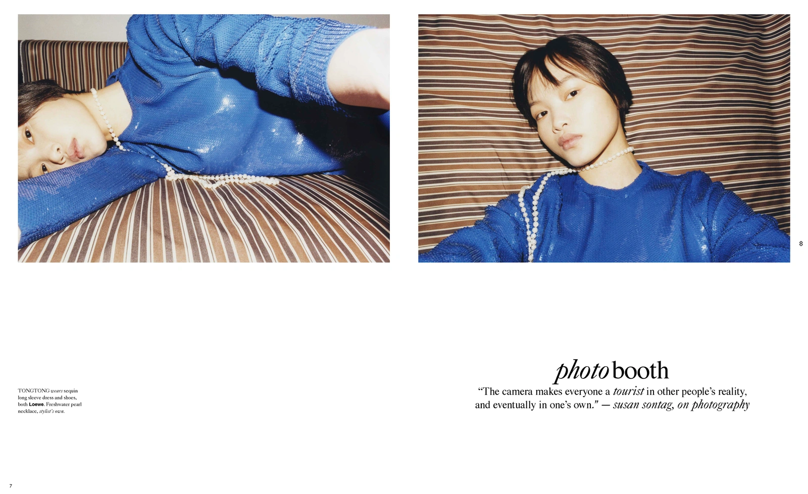 Editorial spread with two photos of a model in a blue sequin top and pearl necklace lying on a striped surface, for project Edition #03