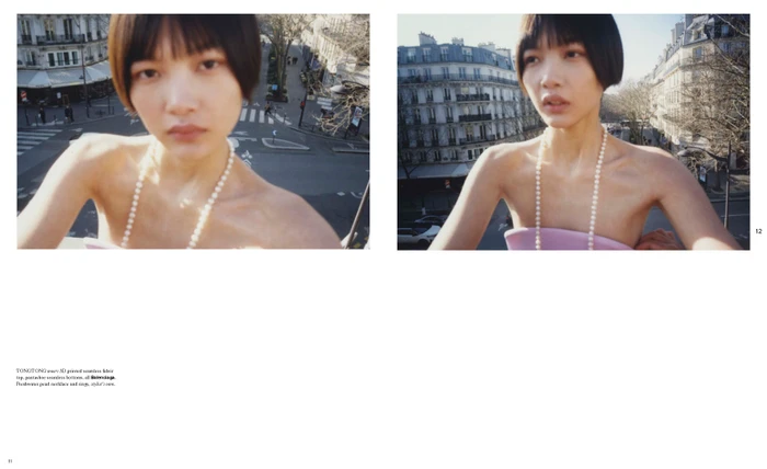 Model wearing a pearl necklace outdoors on a Parisian street for Order Edition 03 Photo Booth by Zoe Davidson