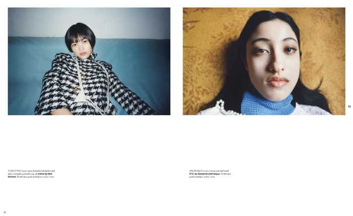 Two editorial portraits featuring models in houndstooth jacket and blue knit collar against textured backdrops.