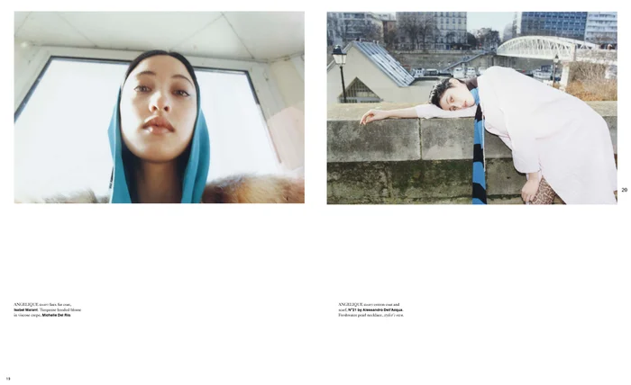 Double-page magazine spread showing a low-angle close-up portrait of a model with a blue hood on the left, and a model lying on an outdoor stone wall with a river and bridge in the background on the right.