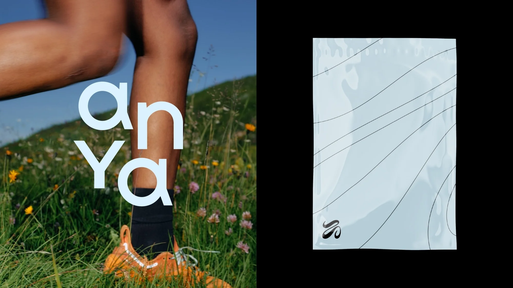 Person in orange running shoe runs through a lush green field with blue sky. A packaging with linear design is on a black backdrop.