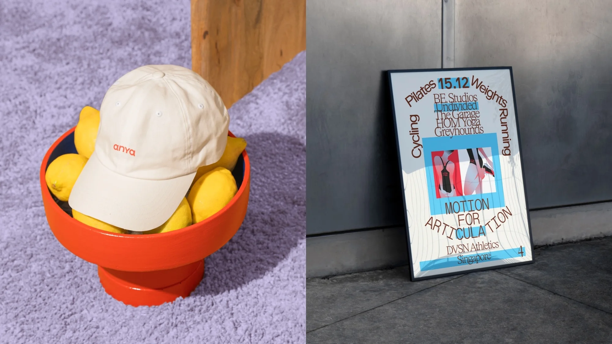 A baseball cap resting in an orange bowl of lemons sits on a purple rug, next to a poster for Pilates, Cycling, and Running.