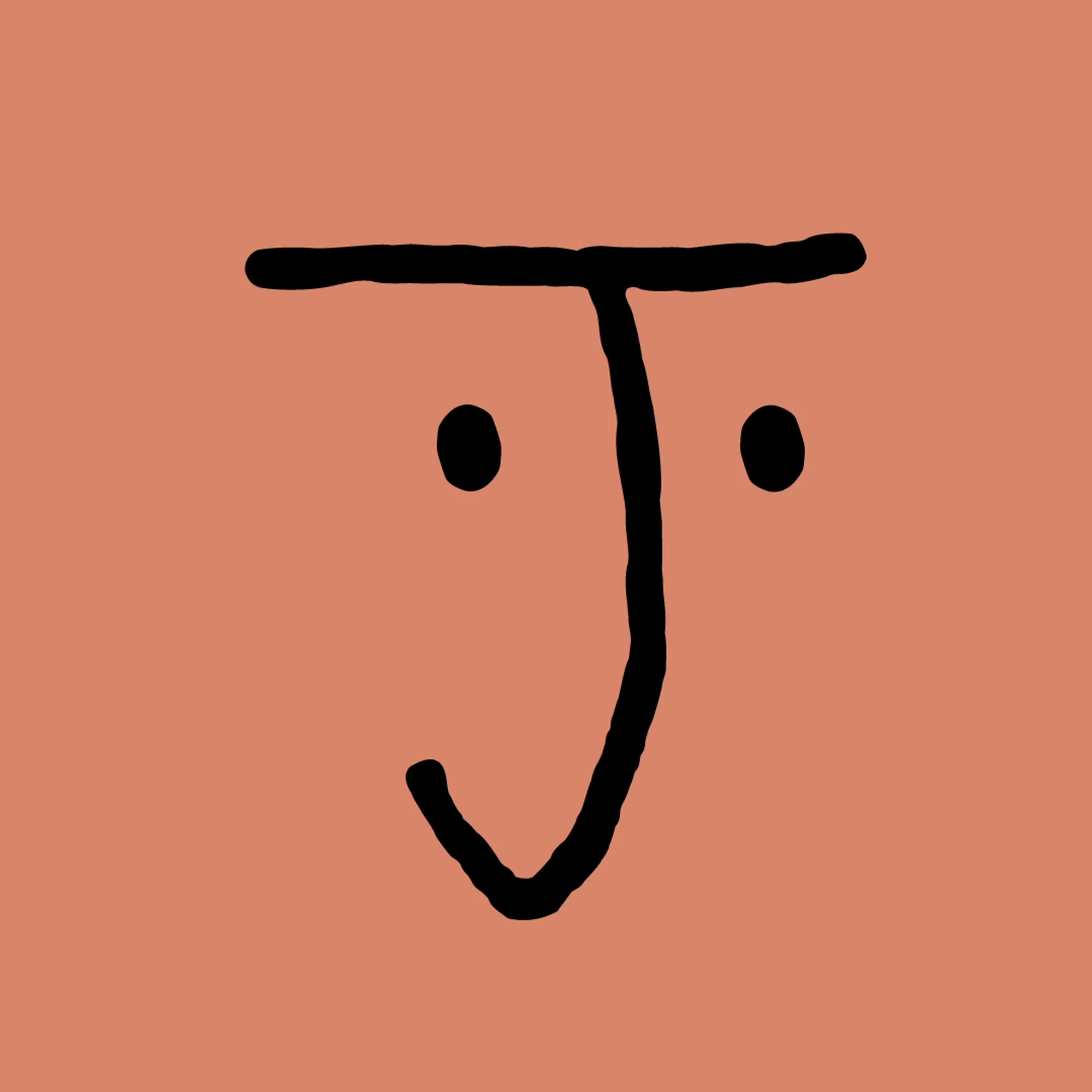 Minimalist art illustration on terracotta backdrop showing a black line-drawn face with two eyes and a smile, simple abstract art.