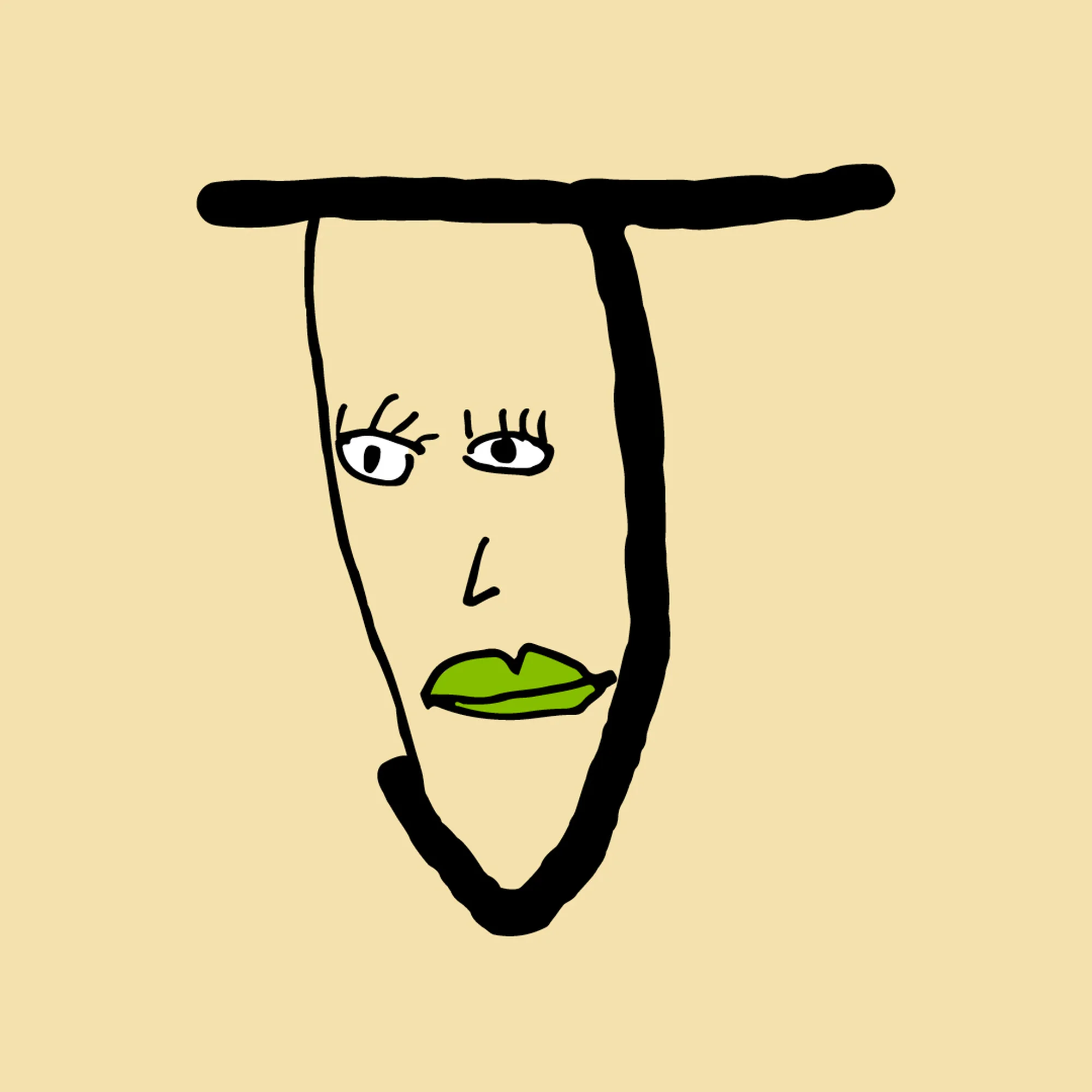 Illustration of a stylized face with black outlines, featuring large eyes, a small nose, and vibrant green lips, set against a tan background.