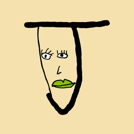 Illustration of a stylized face with black outlines, featuring large eyes, a small nose, and vibrant green lips, set against a tan background.