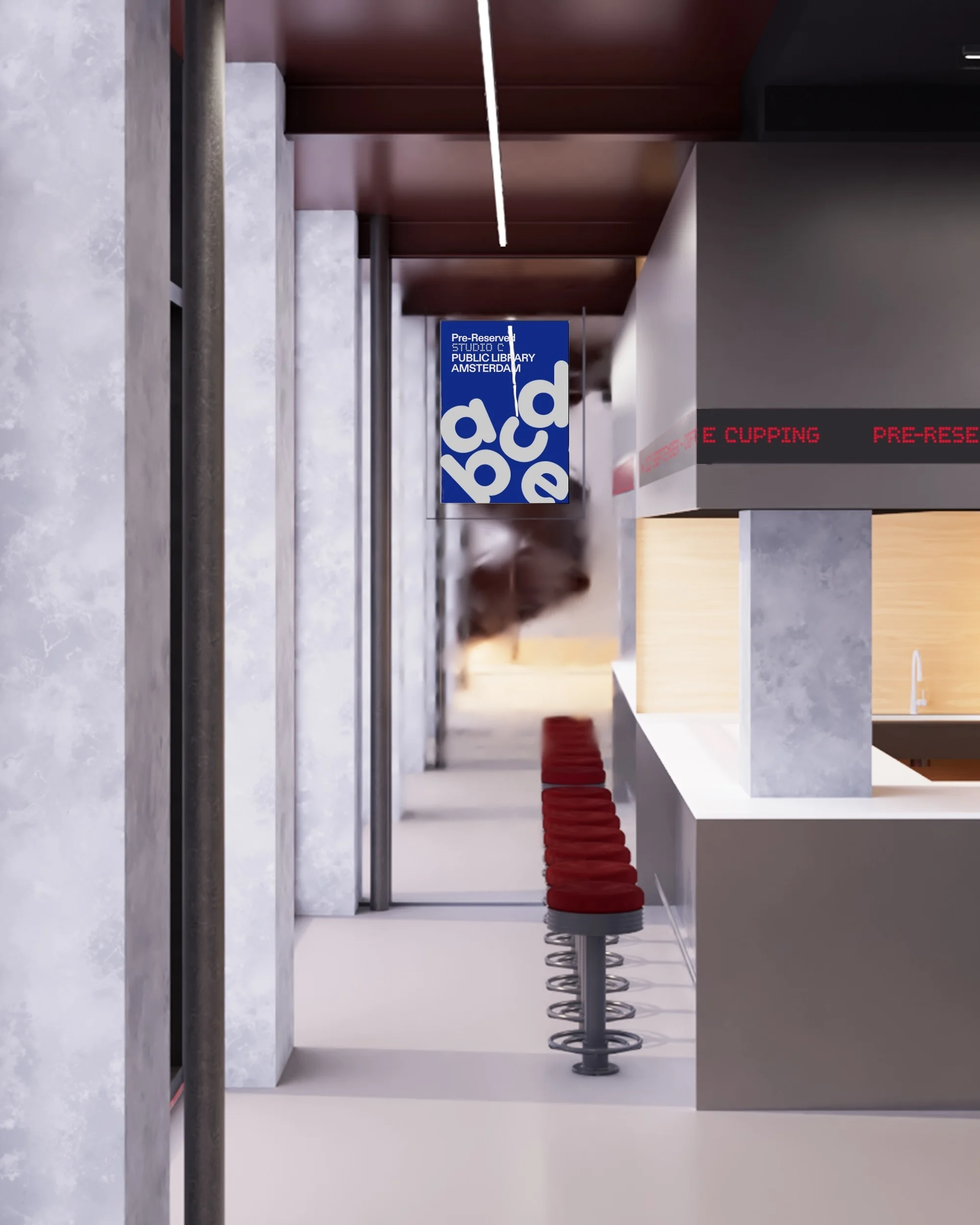 Interior view of a modern cafe or bar featuring a row of red stools, a sleek counter, and a bright poster in a minimalist setting.