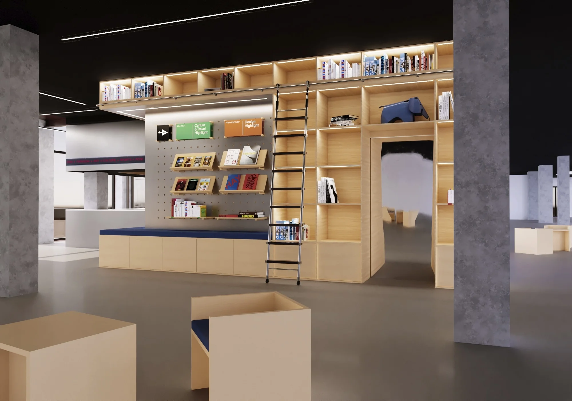 Contemporary interior view of a modern library, featuring shelves filled with books, a rolling ladder, and stylish furniture.