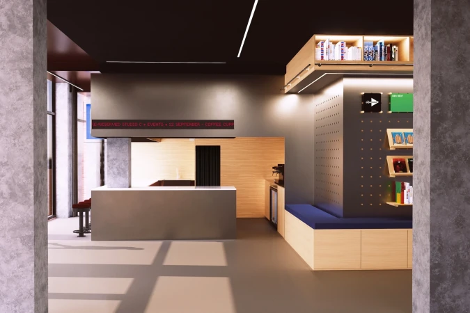 Modern cafe interior featuring a grey counter, wooden wall paneling, and recessed lighting, creating an inviting and contemporary atmosphere.