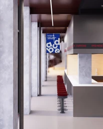 Interior view of a modern commercial hallway with red bar stools and a hanging blue typographic sign for Oba