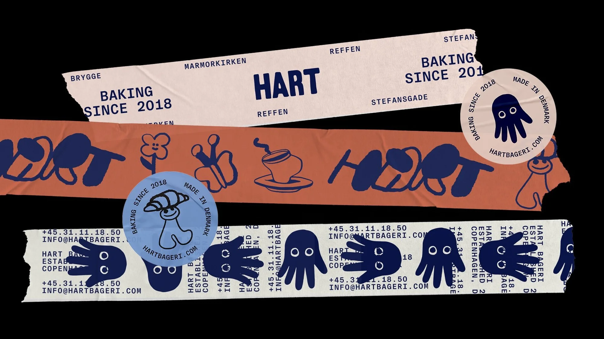 Abstract graphic design featuring Hart Bageri branding on torn tape pieces with logos, illustrations, and contact information on a black background.