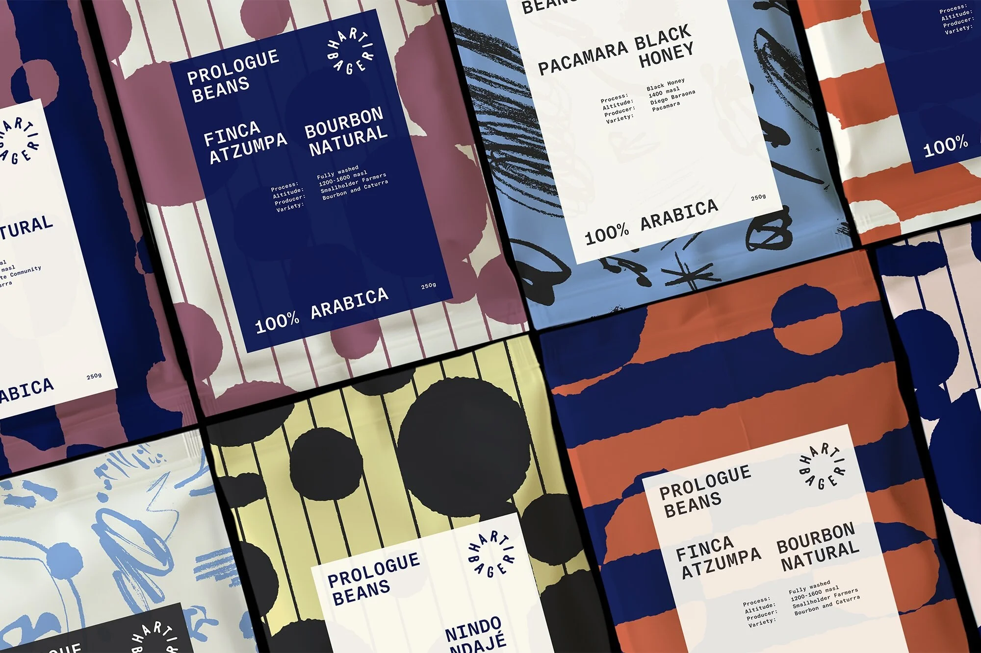 Artistic flat lay of Prologue Beans coffee packaging featuring bold typography and abstract patterns in shades of blue, brown, and yellow.