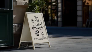 A-frame sidewalk sign featuring black illustrated brand logo and typography standing on a paved street outside.