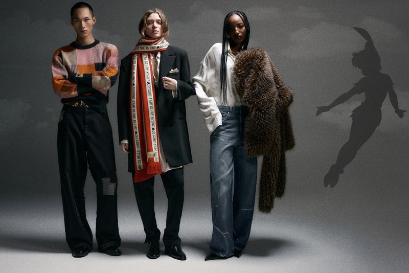 Three diverse fashion models pose in modern streetwear against a grey backdrop, with a shadow graphic of Peter Pan visible on the wall.