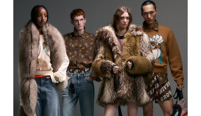 Four fashion models showcase outerwear and clothing, including fur coats, patterned shirts, and shorts in a studio setting.