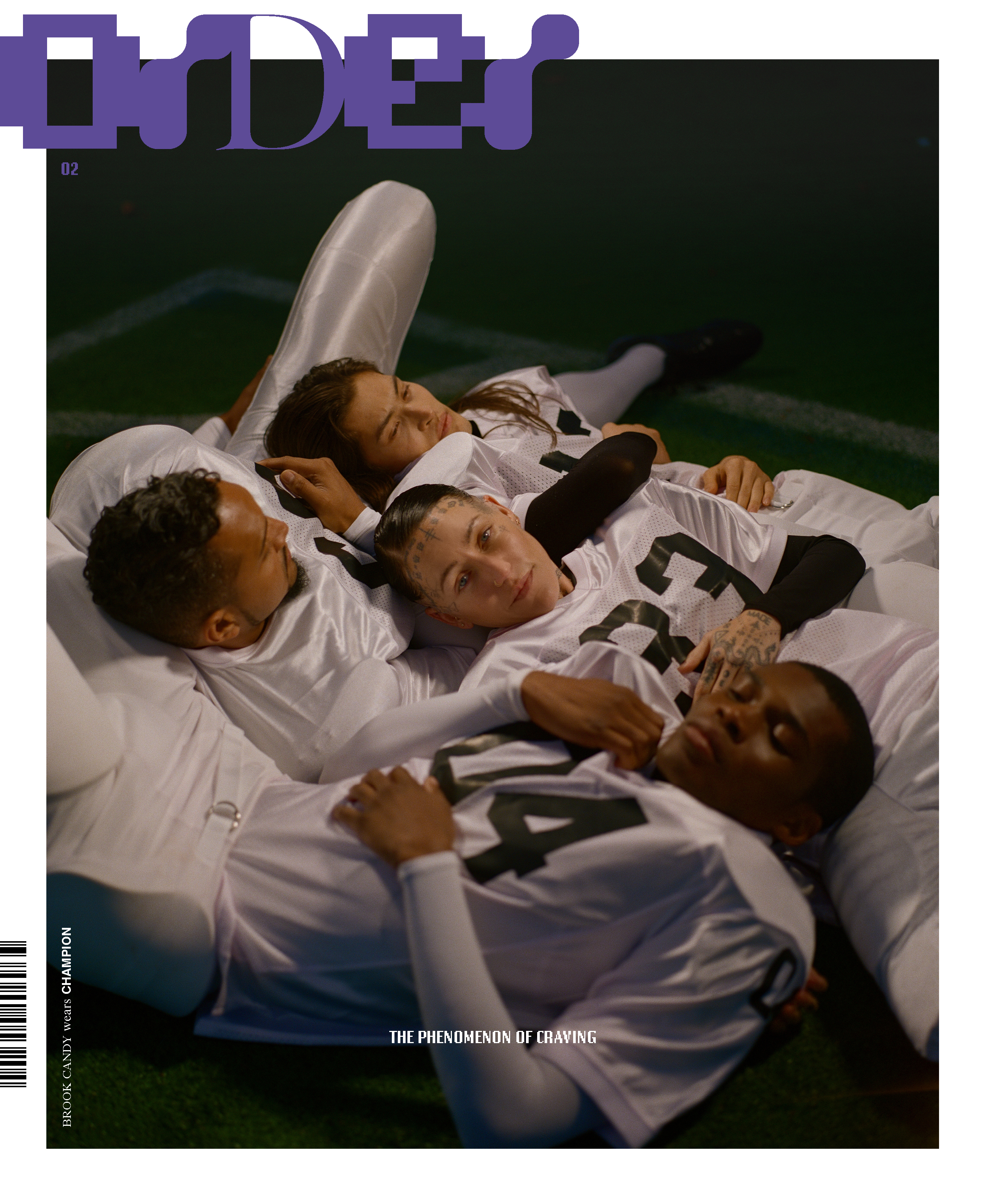 Group of four diverse football players laying on a field wearing white uniforms in an editorial magazine cover photo.