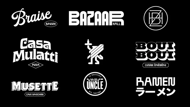 Collection of restaurant logos against a black background showcasing various typographic designs and brand identities for different eateries.