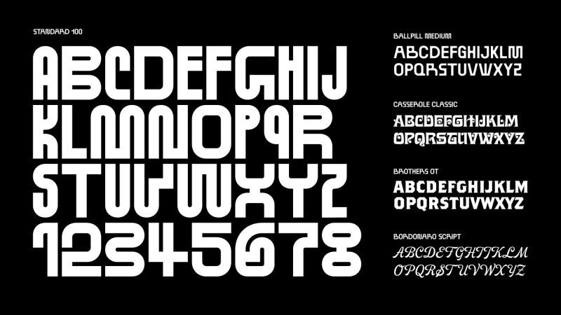 Typeface samples showcasing letterforms of multiple fonts including 'Standard 100', 'Ballpill Medium', 'Casserole Classic', 'Brothers OT', and 'Bordonaro Script'.