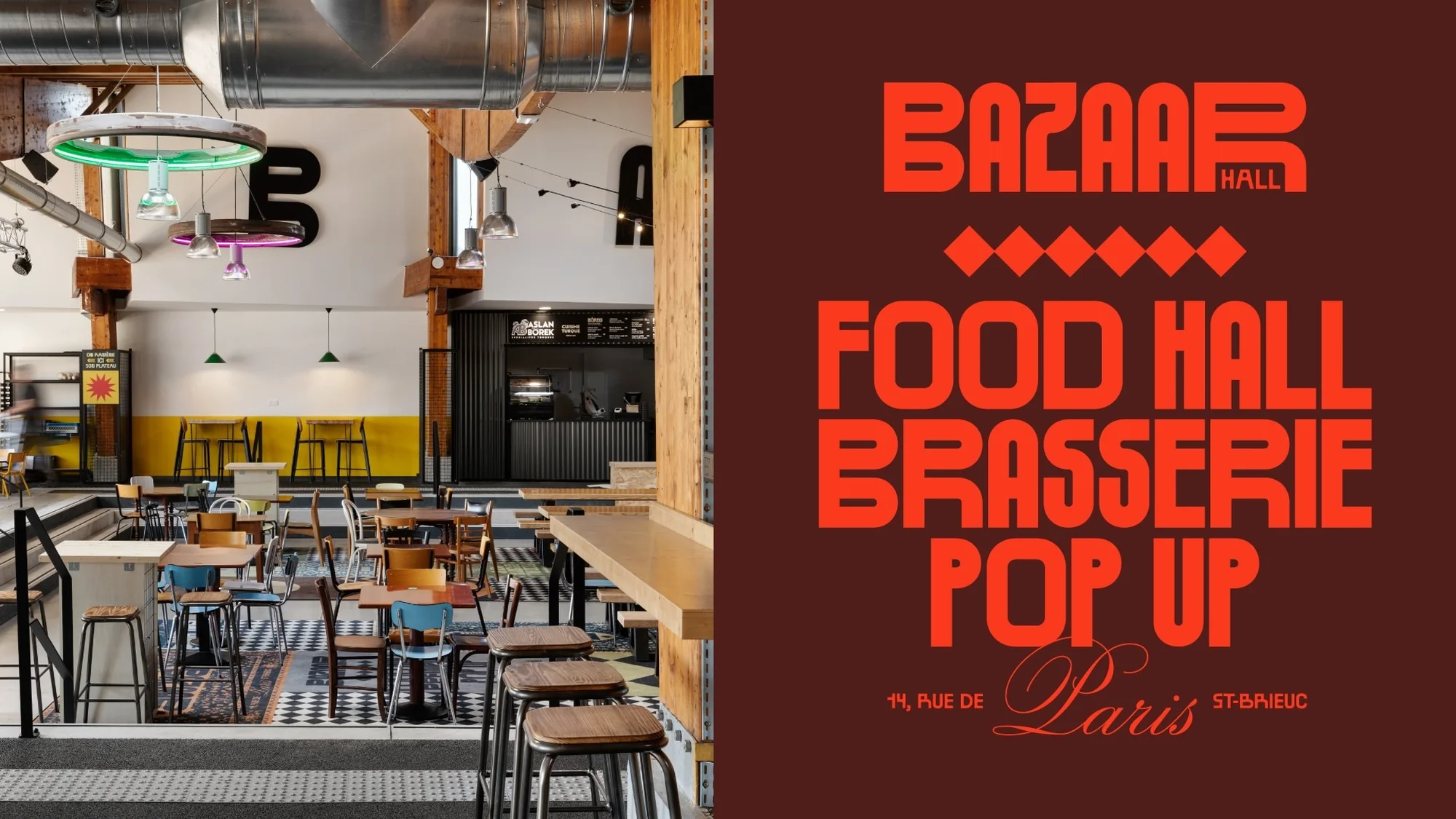 Interior of Bazaar Hall food hall featuring restaurant seating, industrial ductwork, and bold red graphic branding on a dark brown panel.
