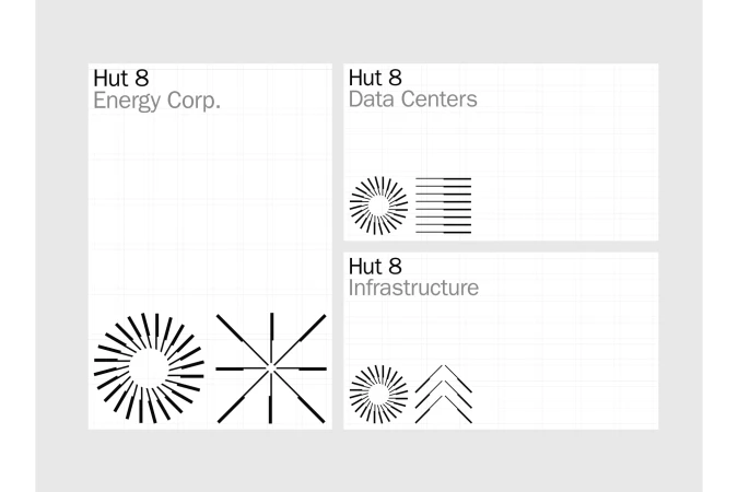 Infographic with the Hut 8 Energy Corp, Hut 8 Data Centers, and Hut 8 Infrastructure logos and names on a gray background.