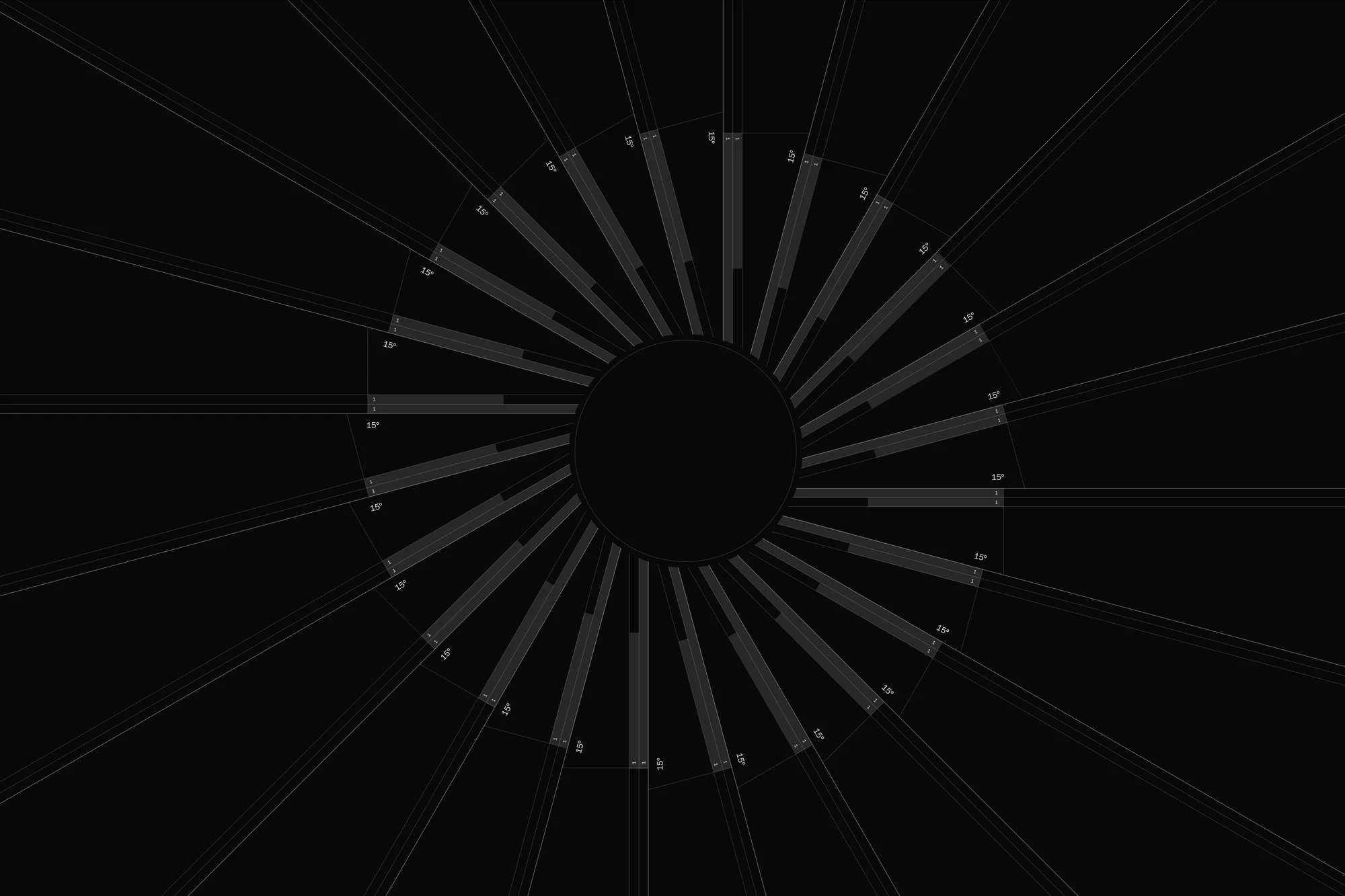Abstract radial pattern with radiating lines and segmented circular bands in shades of gray against a black background.