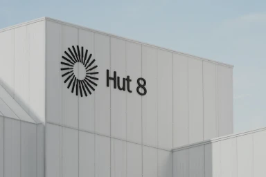 White building exterior featuring the Hut 8 brand logo and circular graphic under a clear sky