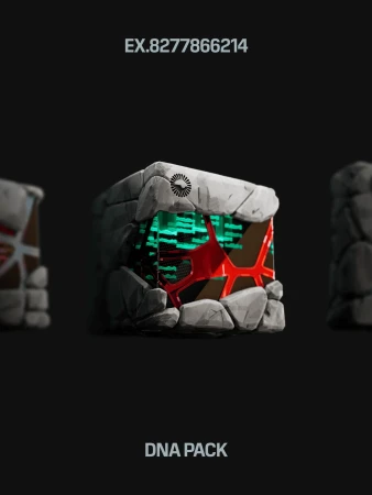 Digitally rendered DNA pack with stone texture and glowing elements in a dark setting. The pack is surrounded by blurry versions.