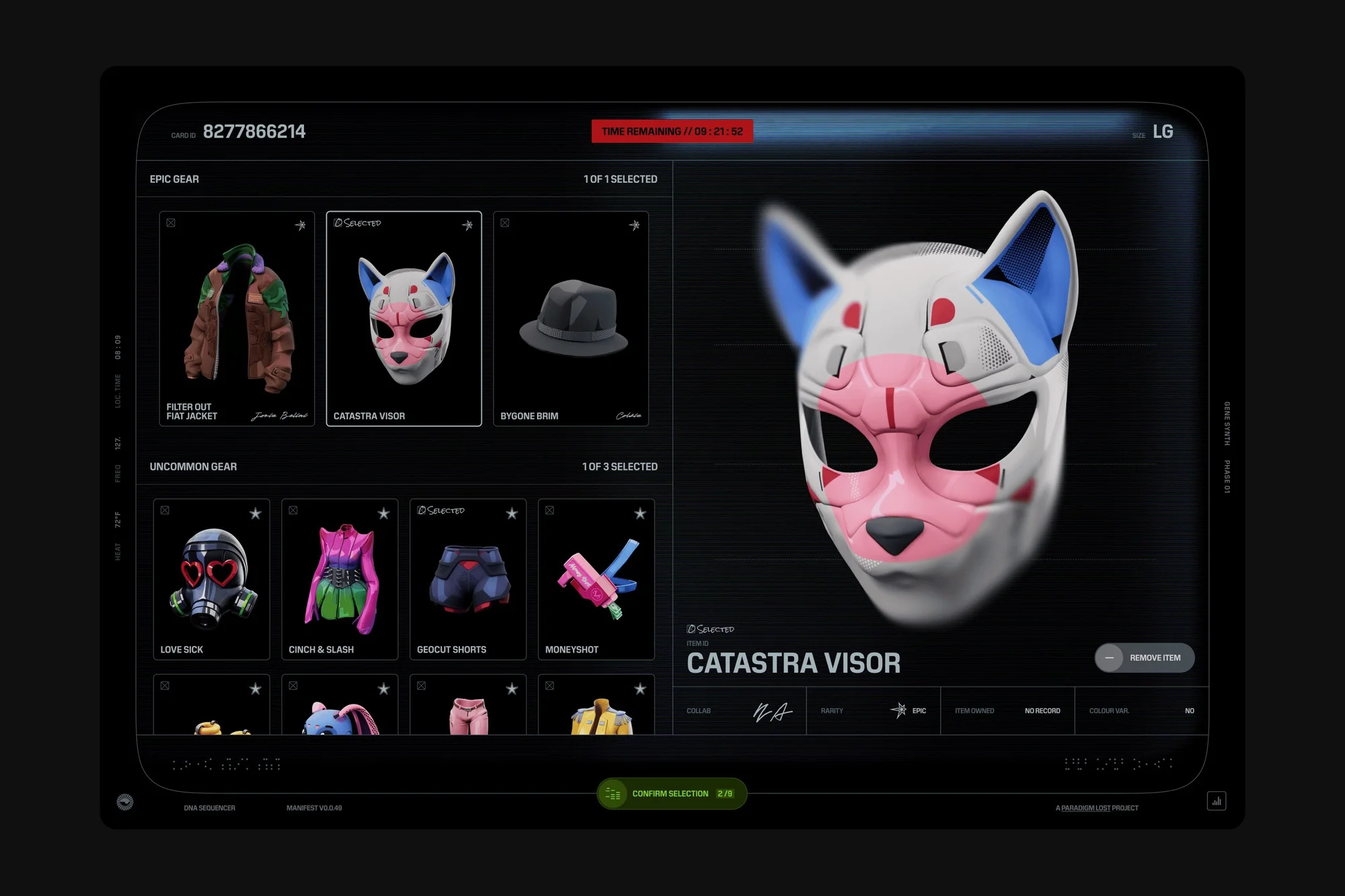 Digital interface displaying a collection of virtual gaming gear, including masks, clothing, and accessories, arranged on a dark background.