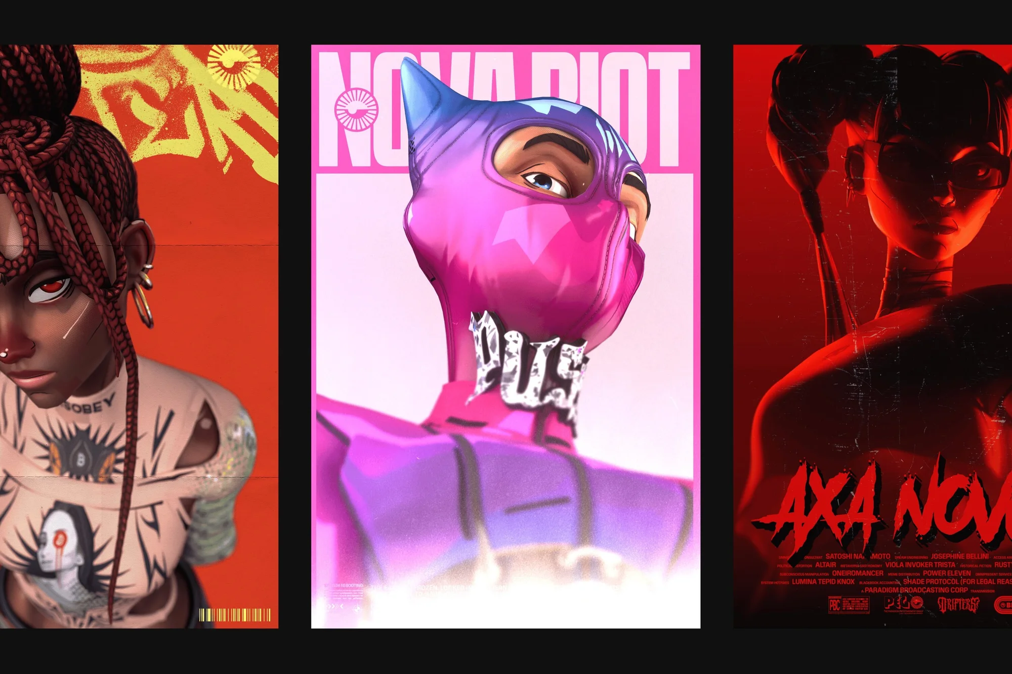 Three digital art posters featuring animated figures in vivid colors with surreal, graphic designs, and bold typography.
