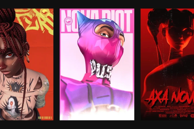 Three digital art posters featuring animated figures in vivid colors with surreal, graphic designs, and bold typography.