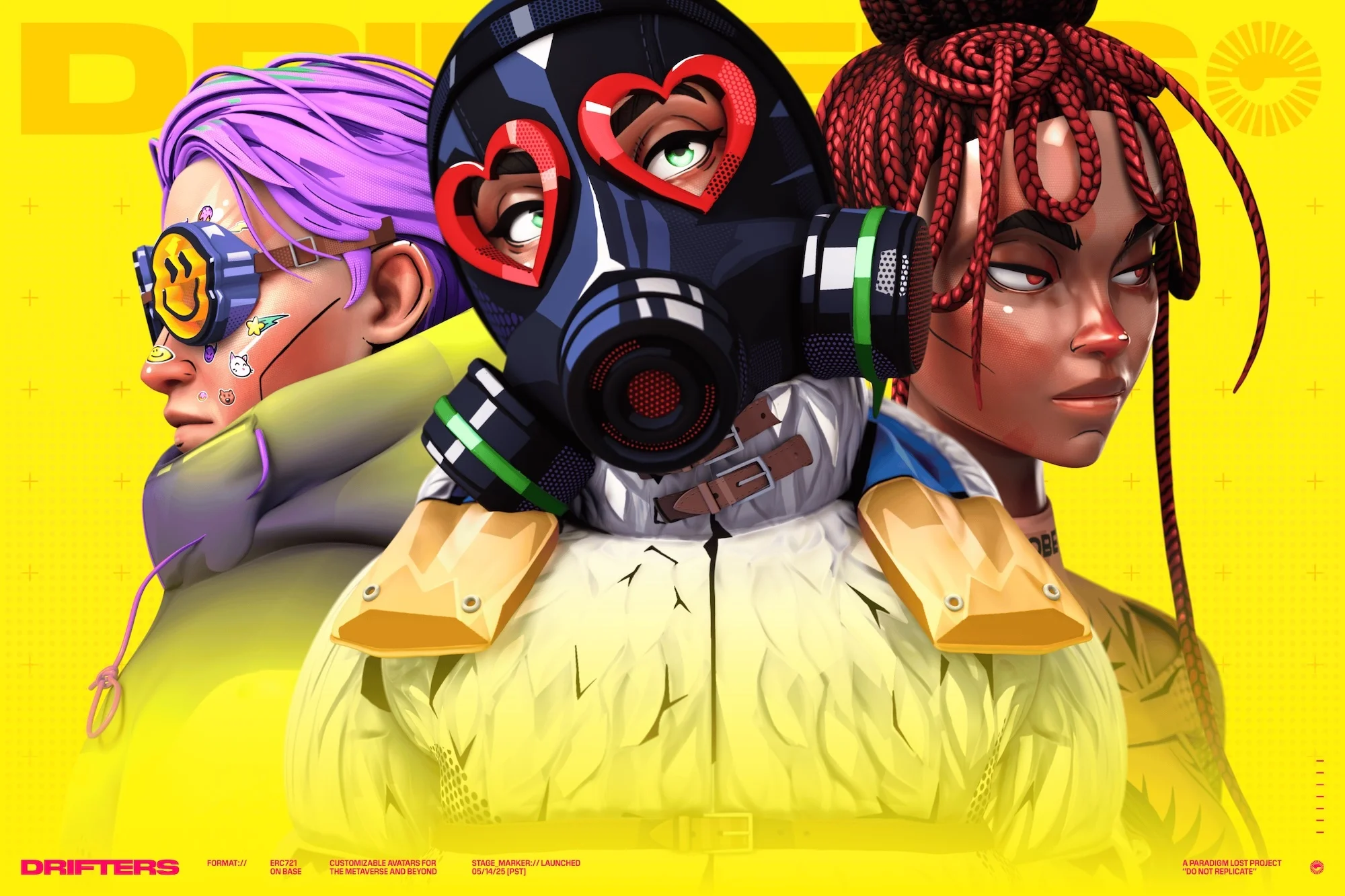 Illustration of three stylized people with vibrant hair colors, distinctive eyewear, and unique outfits against a bright yellow background.
