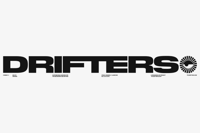 Promotional image for "Drifters," featuring bold typography in black against a white background. The design includes web address.