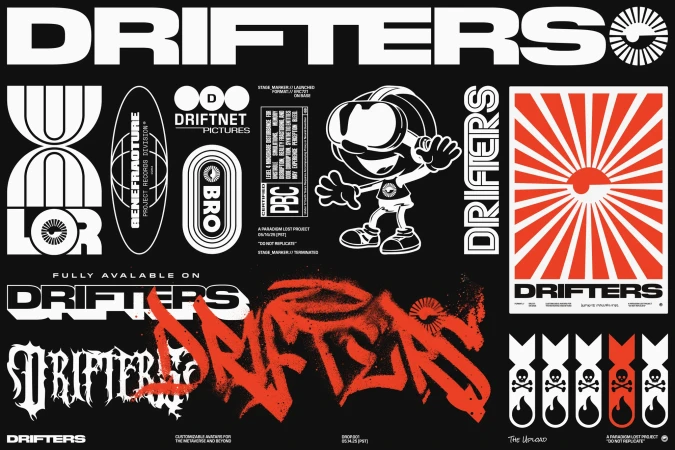 Bold graphic art showcases the word 'Drifters' in various stylized fonts, complemented by design elements and a cartoon character.