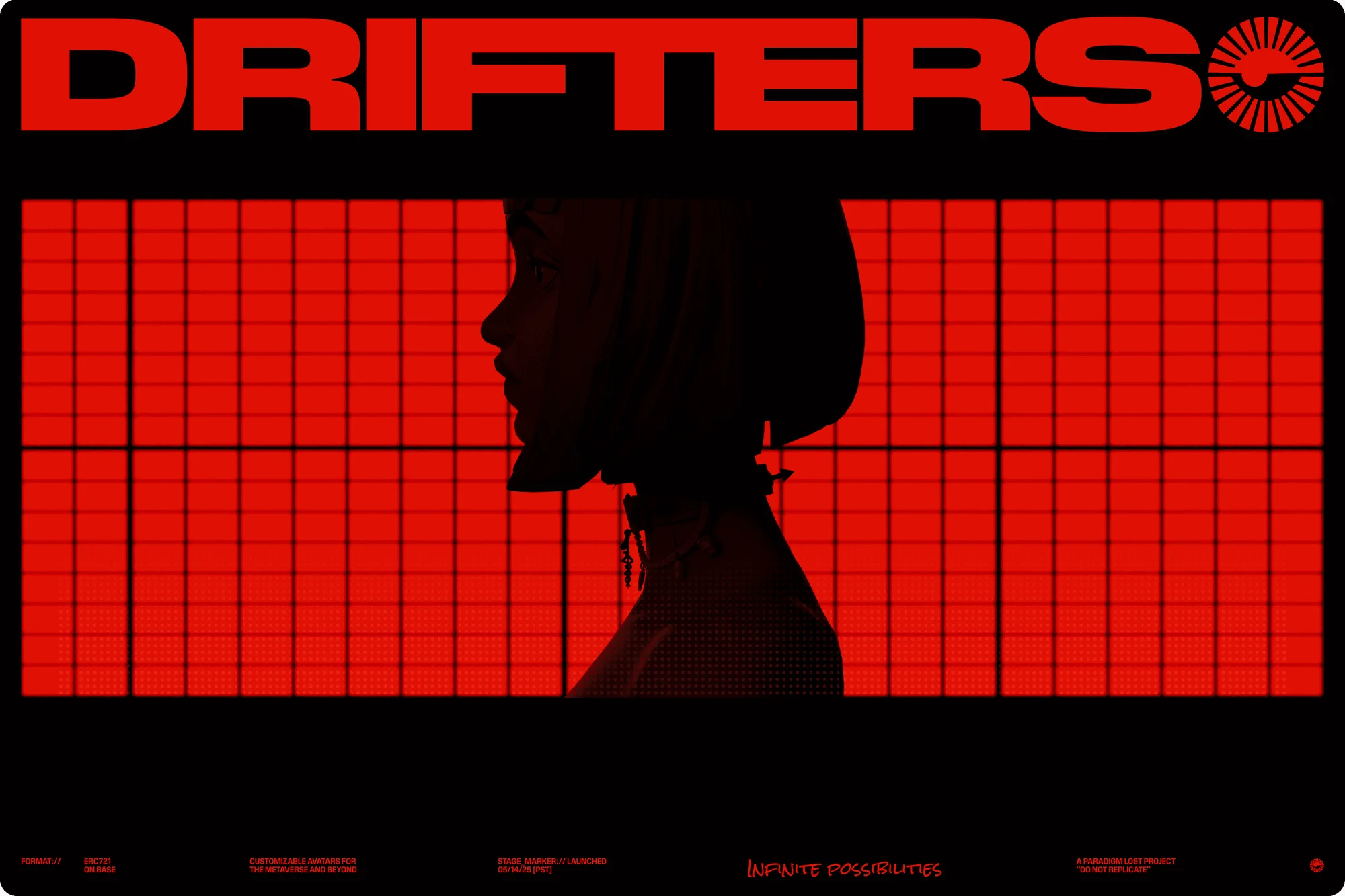 Dramatic silhouette of a woman against a red grid background, bold 'DRIFTERS' text, and a circular logo create a striking visual.