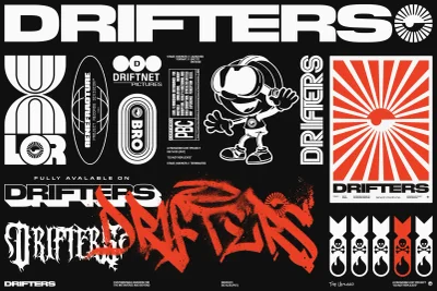 Drifters brand identity graphic sheet featuring bold typography, character illustration, and red graffiti elements on black background