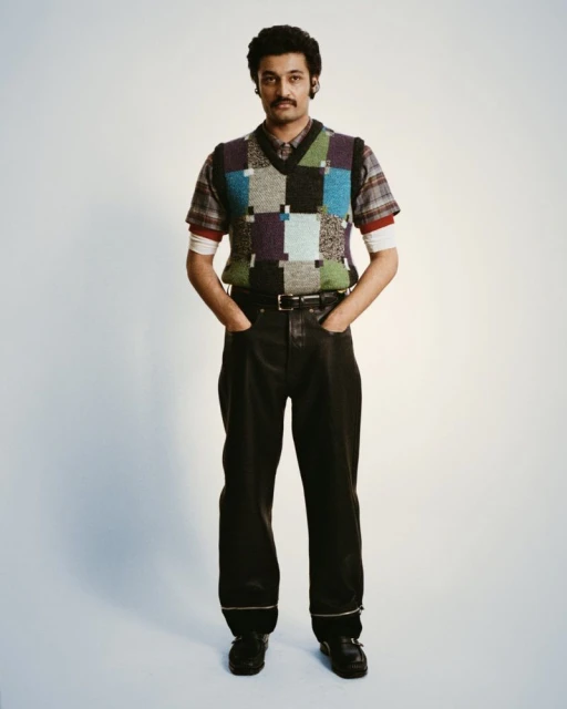 Full-length portrait of an adult male wearing a patterned sweater vest, dark trousers, and shoes against a plain white backdrop.
